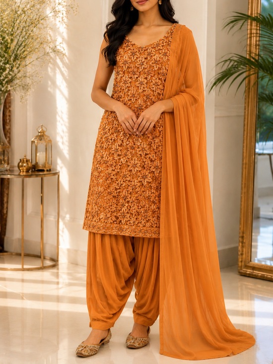 Pants - Embroidered Women’s Salwar Kameez Set in Burnt Orange